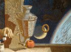 Фрагмент картины \"Завтрак Гагарина\". Самовар, баранка, яблоко и кисть руки Гагарина с кусочками сахара.